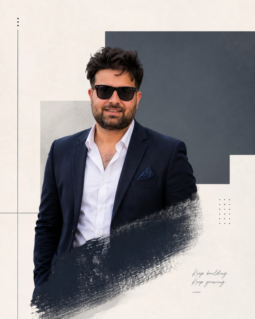 Rishi Sharma: illustrated portrait with the line Keep building. Keep growing.